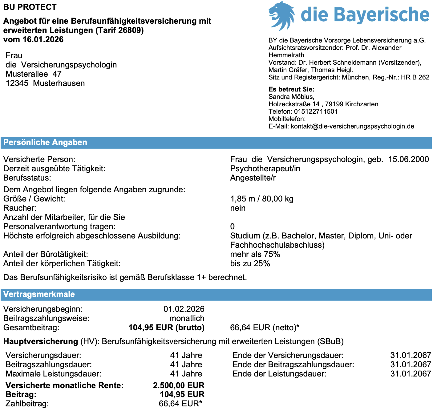 die Bayerische BU Kosten Psychotherapeut