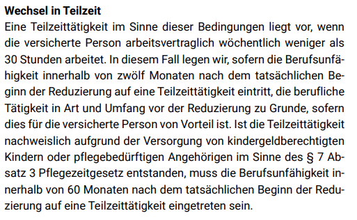 Teilzeitklausel Hannoversche BU